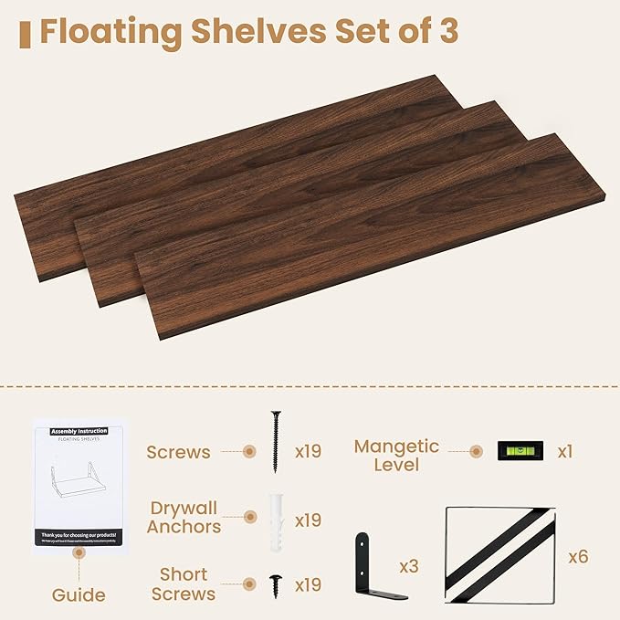 Heimlove 36 Inch Floating Bookshelves Set of 3,Heavy Duty Wall Mounted Bookshelves,Bookshelf for Living Room,Bedroom,Kitchen,Laundry Room Storage & Decor-Walnut Color-Ruum Studio Home