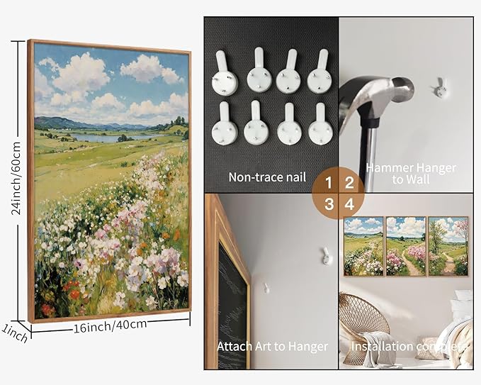 Tinonedraw Rustic Landscape Framed Canvas Wall Art Triptych, Blue and White Wall Decor, Vintage Botanical Floral Artwork, Modern Country Nature Farmhouse Art Prints for Living Room Bedroom 16"x24"x3-Ruum Studio Home