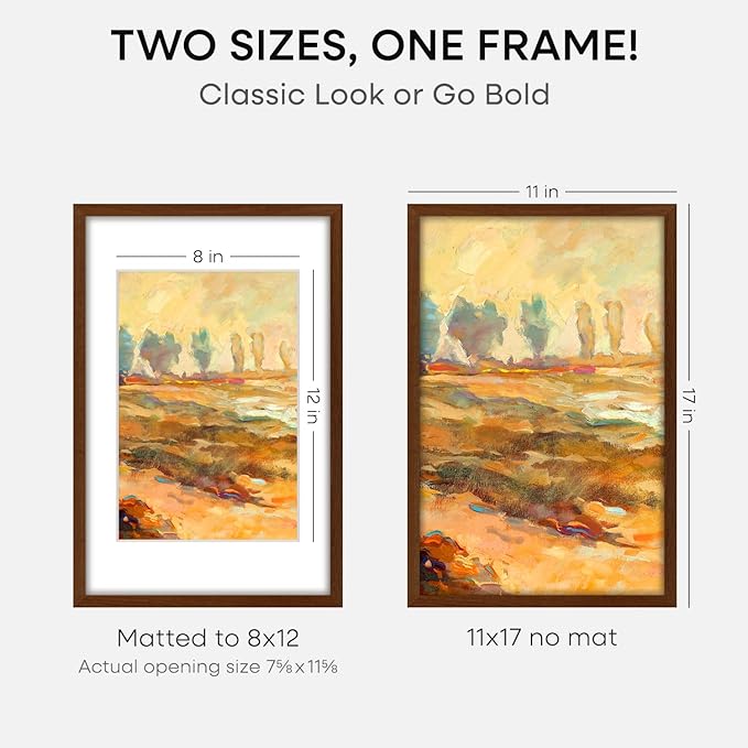 Homeforia 11x17 Brown Picture Frame, High End Dark Oak 11x17 Poster Wood Frame with Mat 8x12 Print, 11 x 17 Wooden Walnut Frame Matted to 8 x 12 Photo, 17x11 Frames, Tempered Glass, Wall Kit, Set of 1-Ruum Studio Home