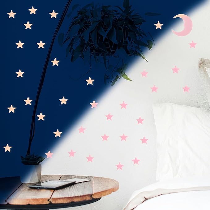 100 Stars and 1 Moon Glow in The Dark Luminous Fluorescent 3D Plastic Glow Stars Moon for Ceiling, Glowing Wall Stickers Create a Realistic Starry Sky, Room Decorations (Pink)-Ruum Studio Home