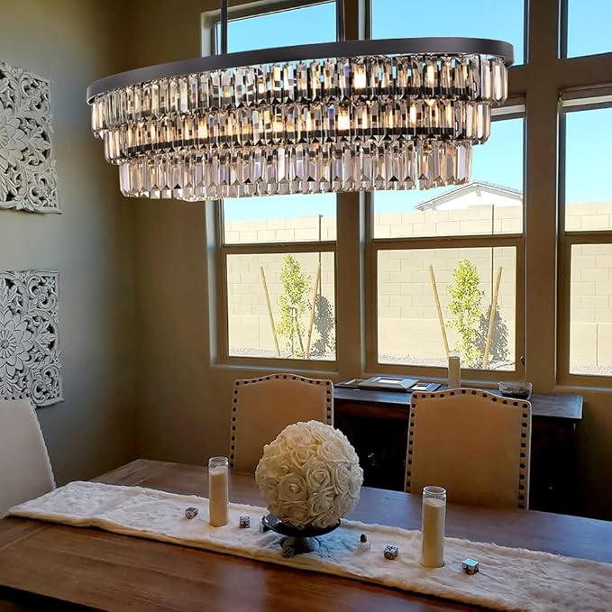 TOCHIC Chandelier 40 inch, Farmhouse Black Crystal Chandelier, Kitchen Island Lighting, Dining Room Light Fixture for High Ceiling, Modern Linear Oval Chandeliers for Living Room, Office Area, Bar-Ruum Studio Home