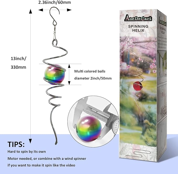Multi Color Wind Spinner Tail Gazing Ball Spiral Decorative Wind Sculptures - 13in Height-Ruum Studio Home