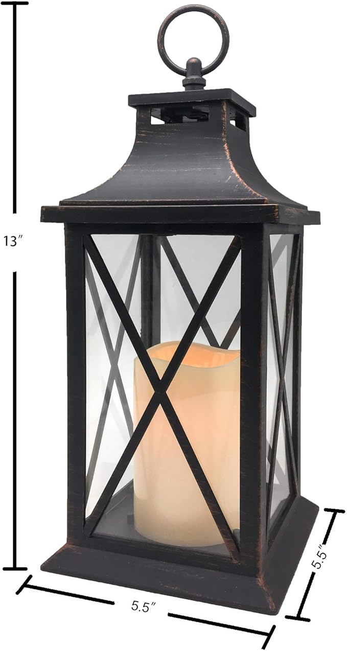 YAKii 14" Decorative Candle Lantern LED Flameless Candle Timer, Plastic LED Candle & Holder, Indoor & Outdoor Hanging Lights,Christmas Day Decoration Pack of 6 (Antique Copper Brushed)-Ruum Studio Home