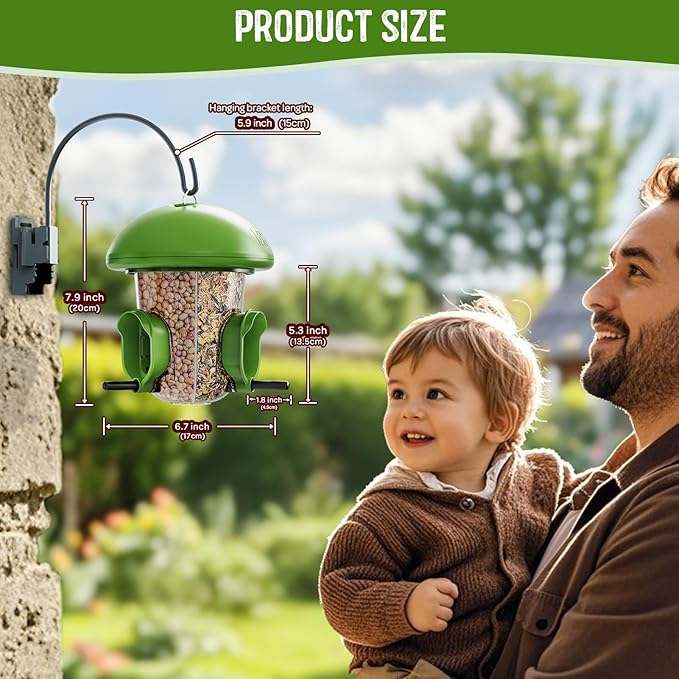 LONA Bird Feeders for Outdoors Hanging – 3 Separate Compartments, 3 Feeding Ports, Weatherproof Dome & 3 Ways to Hang, Large Capacity for Cardinals/Finches (Green-Ruum Studio Home