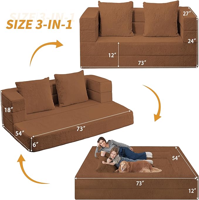 Folding Bean Bag Chair for Adults,3-in-1 Bean Bag Couch Faux Fur Floor Sofa Large Beanbag Convertible Bean Bag Sofa Bed with Pillow in Bedroom,Living Room,Apartment(Queen,Caramel)-Ruum Studio Home
