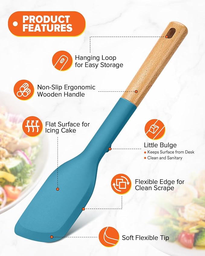 Cooking Spoon and Scraper for Nonstick Cookwares, Great for Cooking and Serving Durable BPA-Free Matte Silicone, Wood Handle Multifunction Spoon for Mixing, Scoop, and Scrape (BLUE)-Ruum Studio Home