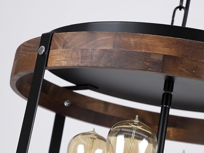 4-Light Large Rustic Farmhouse Plug in Pendant Light Fixture with Adjustable Chain, Dimmable Switch, 16.5 inch Oak Wood Drum Hanging Lamp for Dining Room Living Room Farmhouse Entry, Black-Ruum Studio Home