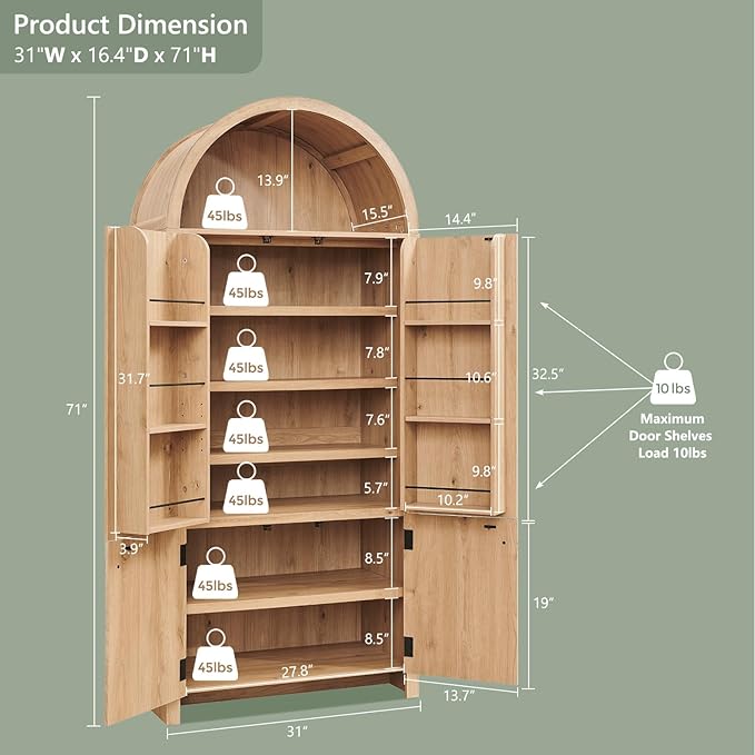 71" Tall Arched Bathroom Storage Cabinet, Modern Fluted Storage Cabinet w/Doors, 3 Adjustable Shelves, 6 Door Shelves, Wood Freestanding Cabinet for Bathroom, Entryway, Hallway, Natural-Ruum Studio Home