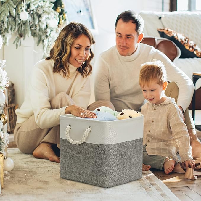 DULLEMELO Cube Storage Bins Set of 4 Fabric Storage Cubes Organizer Bin with Handles, Collapsible 12 Inch Cube Storage Baskets for Organizing, Closet, Shelf, Nursery (White&Grey)-Ruum Studio Home