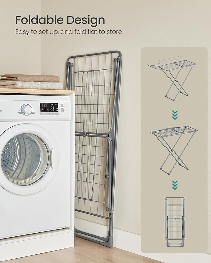 SONGMICS Clothes Drying Rack, Metal Laundry Drying Rack, Foldable, Space-Saving, Free-Standing Airer, with 4 Gullwings, Indoor Outdoor Use, Bed Linen Clothing, Gray ULLR541G01-Ruum Studio Home