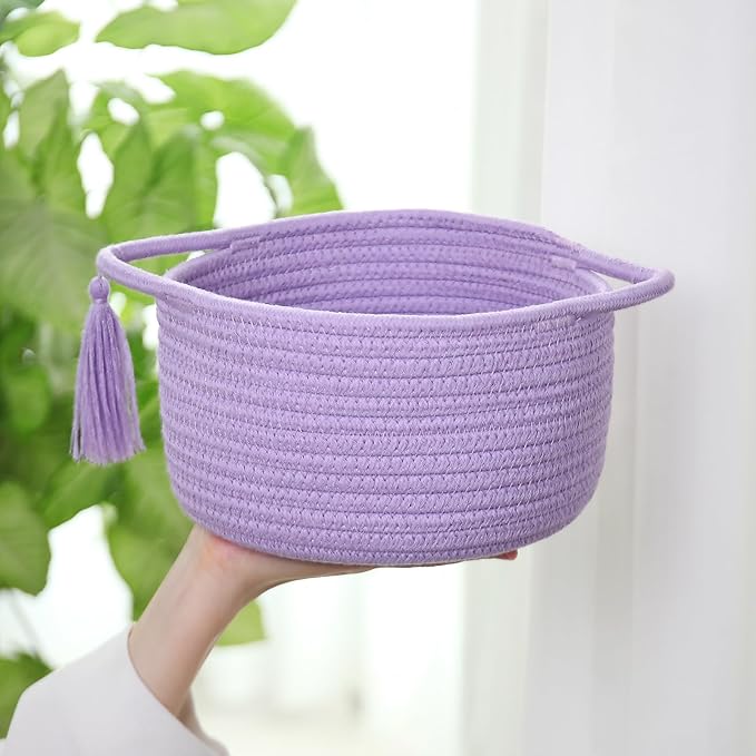 Small Purple Basket, Cute Woven Gift baskets with Cellophane Wrap set for Girl, Decorative Cotton Rope Container Bin, Little Makeup Brushes Holder for Bathroom Counter, Vanity, Cosmetics – lavender-Ruum Studio Home