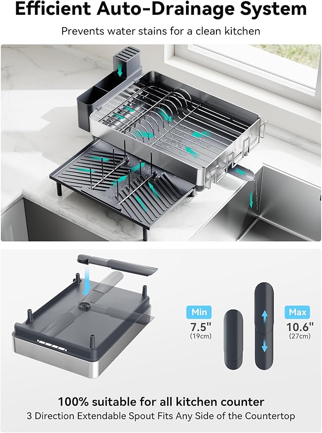 SUNLY Large Dish Drying Rack, Expandable Dish Racks for Kitchen Counter, Space Saving 304 Stainless Steel Drying Rack Kitchen, Extra Large Drainer with Multifunctional Flip Up Pegs, Gray-Ruum Studio Home