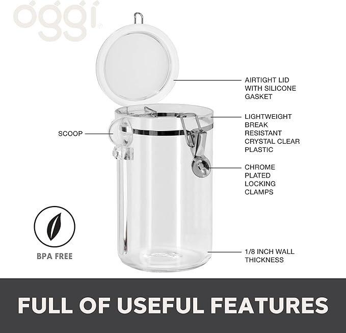 OGGI Clear Canister Airtight 61oz - Clamp Lid & Spoon - Airtight Food Storage Containers, Ideal for Kitchen & Pantry Storage of Bulk, Dry Food Including Flour, Sugar, Coffee, Rice, Tea, Spices & Herbs-Ruum Studio Home