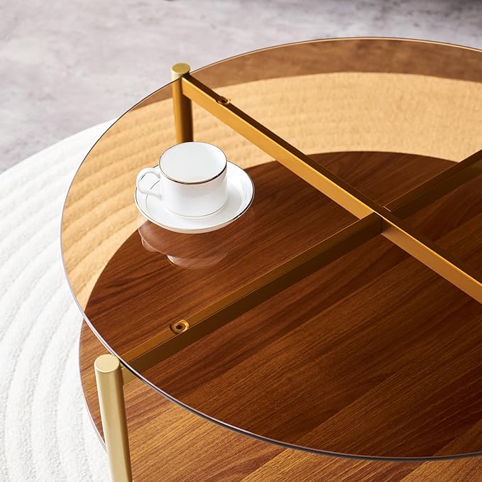 Round Coffee Table, Mid-Century Modern Design, D30 x H17, for Living Room, 2-Tier Structure, Amber Glass Top and Walnut MDF Shelf, Sleek Conical Metal Legs with Gold Finish-Ruum Studio Home