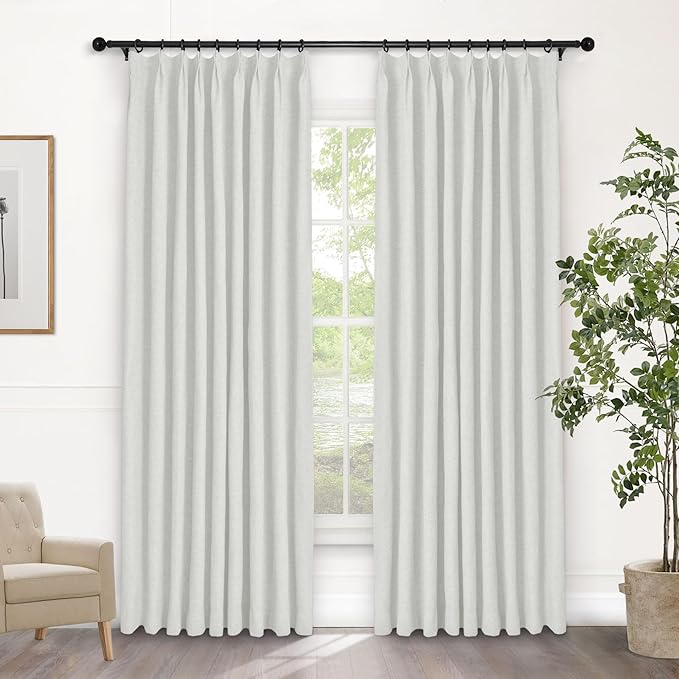 Macochico 100% Blackout Pinch Pleated Linen Curtains Thermal Window Treatments Sound Reducing Curtains for Bedroom Living Room Greyish White Farmhouse Burlap Drapes with Tieback 52”Wx63”L 1 Panel-Ruum Studio Home