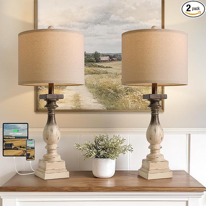BOBOMOMO 27" Farmhouse Table Lamps with USB-A +C Ports, Vintage Rustic Side Table Lamps Set of 2, Linen Shade, Retro Bedside Night Stand Lamps for Living Room, Bedroom, Office, Home Decor-Ruum Studio Home