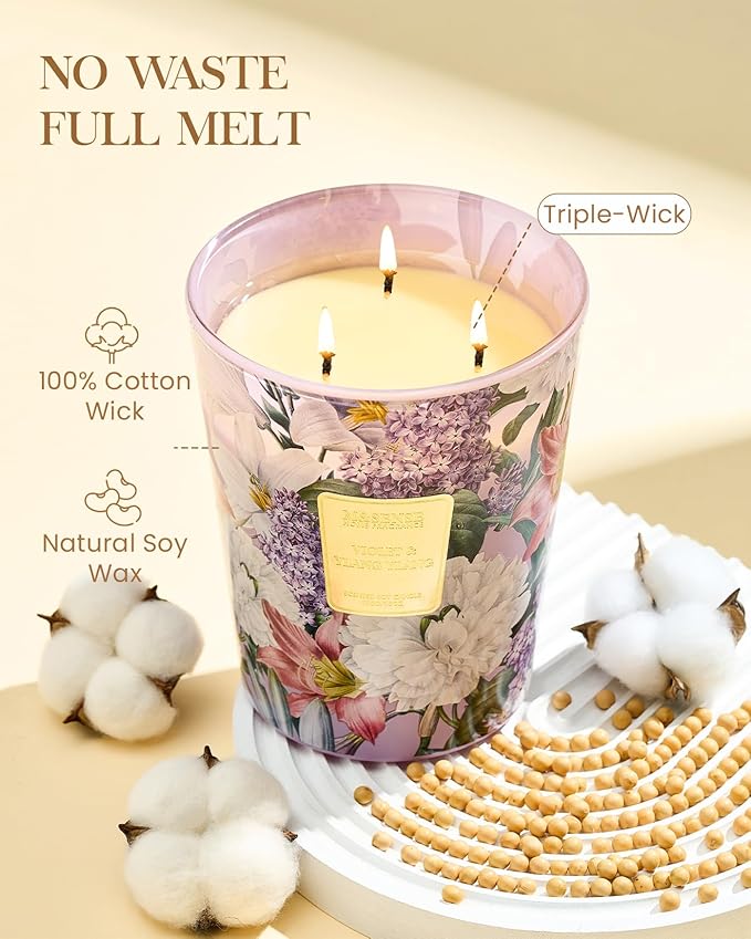 M&SENSE Violet YlangYlang Scented Candle, 3 Wick Soy Natural Wax Candles, 35oz 150H Long Lasting, Aromatherapy Sleep Calm Home Fragrance for Women Men-Ruum Studio Home