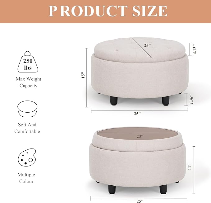 COLAMY Fabric Round Storage Ottoman with Reversible Tray Lid – Multi-Functional Footrest, Hidden Storage, Sturdy & Stylish Small Coffee Table for Living Room, Bedroom, or Entryway(Beige)-Ruum Studio Home