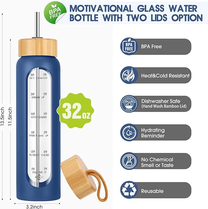 32 oz Glass Water Bottle with Straw - Motivational Time Marker & Silicone Sleeve - Reusable Tumbler Includes 2 Bamboo Lids & Fruit Infuser - 1 Pack-Ruum Studio Home