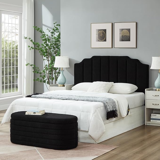 24KF Black Teddy Fabric Tufted for Queen Upholstered Headboard, Modern Vertical Channel Design Full Headboard with Stepped Silhouette Top Edge, 6026-Q-Teddy Black-Ruum Studio Home