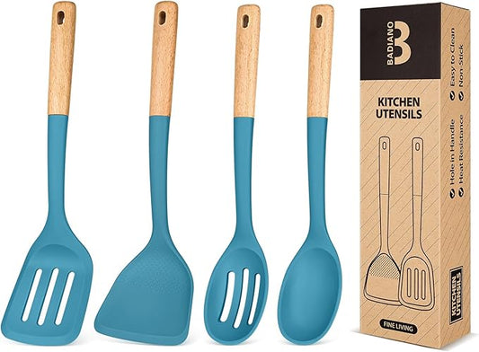 Silicone Cooking Utensils Set, Perfectly Angled for Frying, Mixing,Serving,Draining,Turning and Stirring, BPA-Free Matte Silicone, Wood Handles, Safe for Nonstick Cooking Surfaces,4 Pack (Blue)-Ruum Studio Home