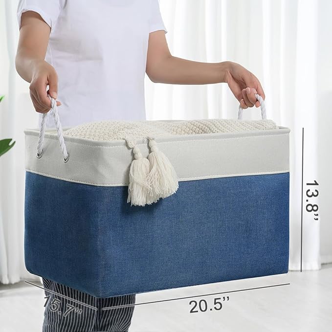 TheWarmHome Organization and Storage Basket for Shelves - Jumbo 3 Pack 20x16x14 inch Collapsible Storage Bins for Organizing, Canves Storage Cubes for Gift Organizer Toys Closet (White & Jean Blue)-Ruum Studio Home