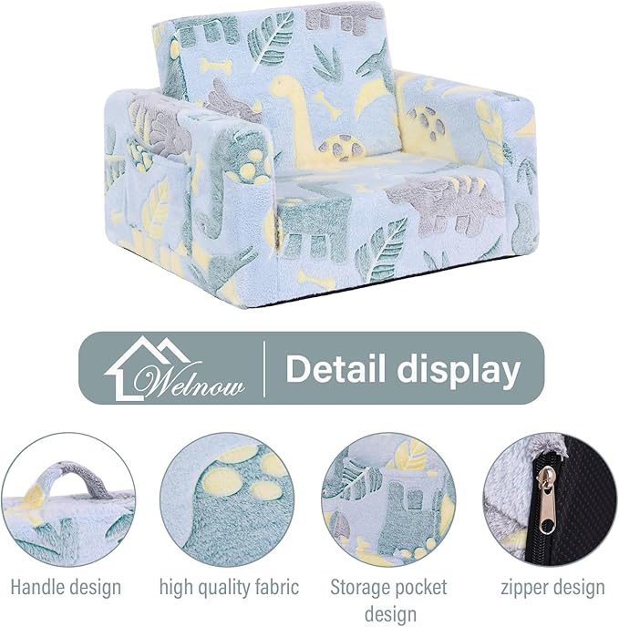 Welnow 2-in-1 Kids Sofa Chair, Glow in The Dark Convertible Toddler Chair Flip Out Children Sofa Folding Kids Play Sofa with Side Pockets & Removable Cover Armrest Chair for Girl or Boy-Ruum Studio Home