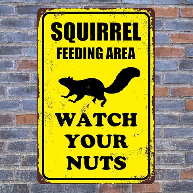 Squirrel Sign Funny Metal Sign Squirrel Feeding Area Watch Your Nuts Signs Vintage Tin Sign For Home Outdoor Garage Wall Decoration 8x12inch-Ruum Studio Home