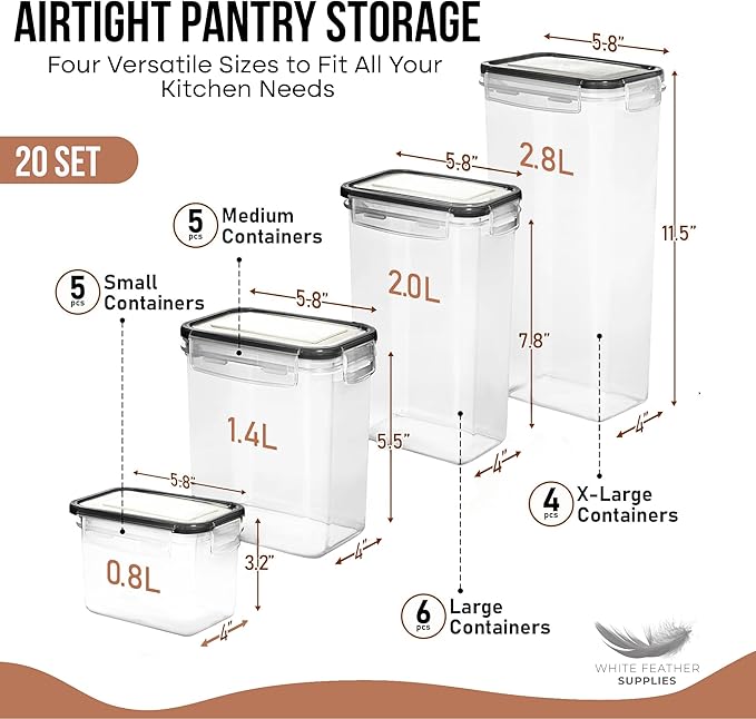 WHITE FEATHER SUPPLIES 40 PCS Airtight Food Storage Containers with Lids - BPA Free Durable Plastic Leakproof Flour Sugar Cereal Containers Storage for Pantry Organization - Dishwasher Safe-Ruum Studio Home