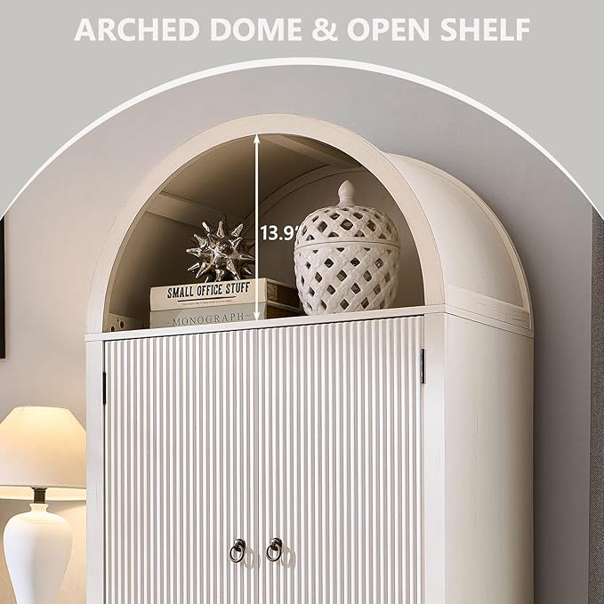 71" Tall Arched Bathroom Storage Cabinet, Modern Fluted Storage Cabinet w/Doors, 3 Adjustable Shelves, 6 Door Shelves, Wood Freestanding Cabinet for Bathroom, Entryway, Hallway, Antique White-Ruum Studio Home