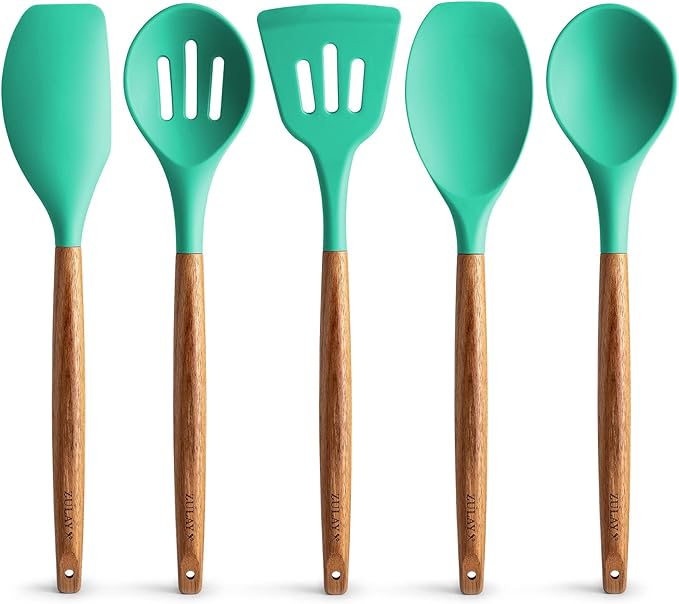 Zulay Kitchen Non-Stick Cooking Utensils Set with Authentic Acacia Wood Handles – 5-Piece Durable & Stylish Silicone Kitchen Utensils Set – Heat Resistant to 464°F – Mint-Ruum Studio Home
