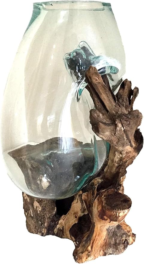 Hand Blown Molten Glass & Teak Wood Terrarium/Vase/Fish Bowl - Premium Quality (12" - 14" High)-Ruum Studio Home