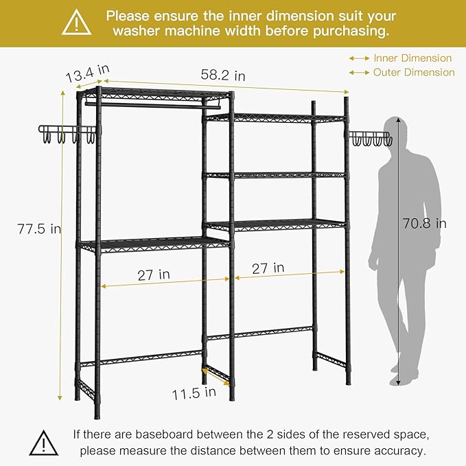Ulif U5 Over the Washer and Dryer Storage Shelf, Laundry Room Space Saver Bathroom Storage and Organizer Rack for Hanging Towels and Drying Clothes with 5 Wire Shelves, 58.2"W x 13.4"D x 77.5"H, Black-Ruum Studio Home