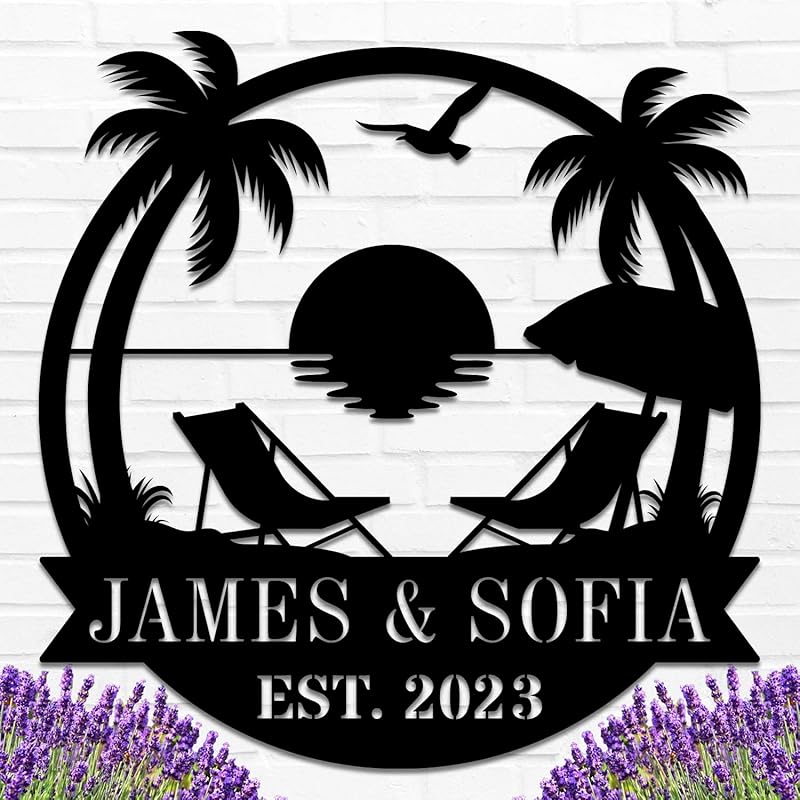 Personalized Beach Metal Monogram Sign, Custom Palm Trees Metal Name Sign, Outdoor Metal Family Name Sign, Custom Last Name Sign, Beach Coastal House Decor-Ruum Studio Home
