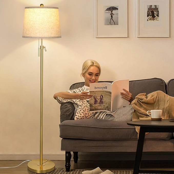Gold Floor Lamp for Living Room 55-65" Adjustable Modern Brass Standing Lamp with Pull Chain Tall Pole Light with Beige Shade for Bedroom Reading Office Corner Nursery 9W LED Bulb Included 3 ColorTemp-Ruum Studio Home