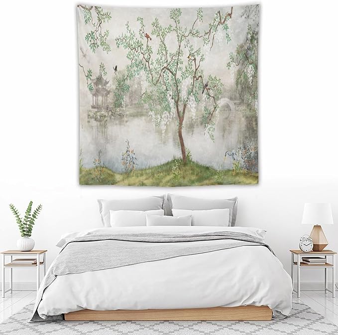 HZOHNAGO Japanese Tapestry Tree Misty Garden Lake Printed Wall Tapestry Ink Painting Wall Hanging for Bedroom Living Room Dorm 60" W x 60" H-Ruum Studio Home