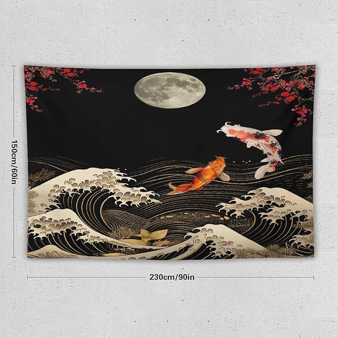 Houselerax Koi Fish Tapestry, Japanese Style Yin Yang Big Wave Cherry Blossom Tapestries Wall Hanging for Bedroom Living Room Office Decor 90"x60"-Ruum Studio Home