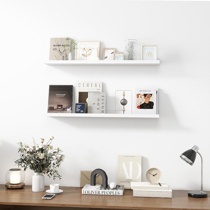 Picture Ledge Shelf, Wood Floating Shelves Set of 2, 36 inch Picture Ledge Shelves, Photo Ledge Nursery Book Shelves Wall Mounted for Living Room Kids' Room Bedroom, Color White-Ruum Studio Home