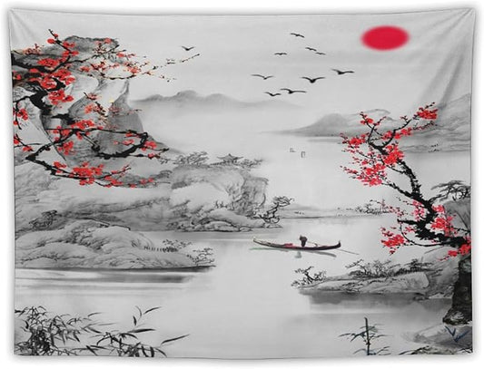 Cherry Blossoms Tapestry,Japanese Red Landscape Watercolor Abstract Art Tapestry,Asian Japanese Wall Tapestry, Nature Landscape Tapestries for Bedroom Living Room Decor 60"x50"-Ruum Studio Home