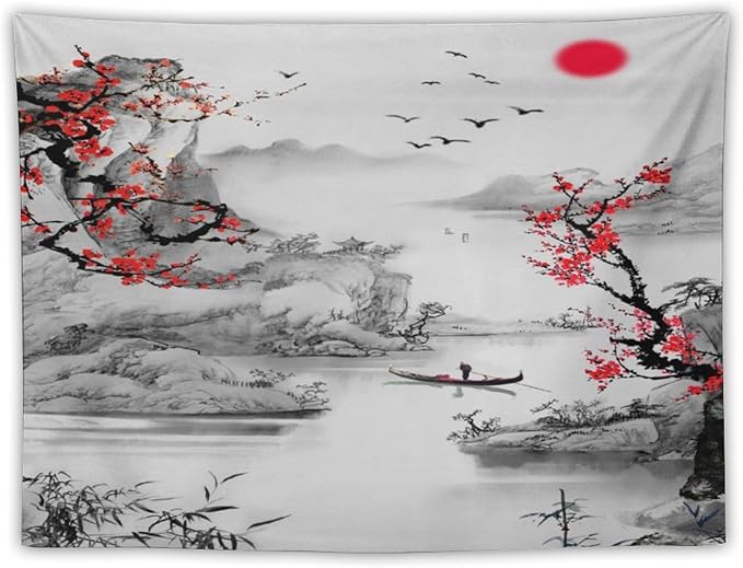 Cherry Blossoms Tapestry, Japanese Red Landscape Watercolor Abstract Art, Asian Japanese Wall Tapestry, Nature Landscape Tapestries for Bedroom Living Room Decor 90"x60"-Ruum Studio Home