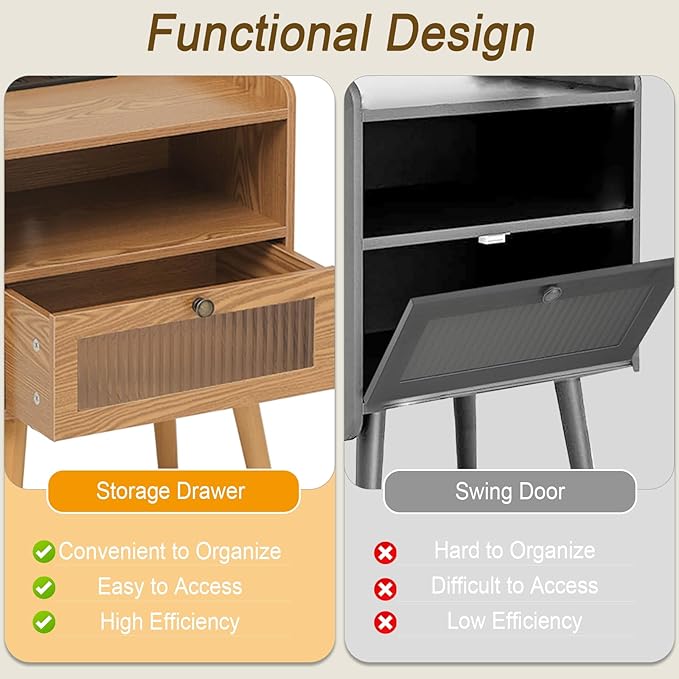AWASEN Mid Century Nightstand with Charging Station, Modern Bedside Table with Glass Decorative Drawer, Small End Side Table with 2 Tiers Storage for Bedroom, Office and Small Space(Brown)-Ruum Studio Home