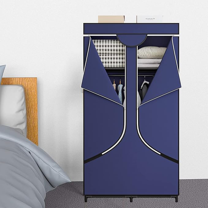SORCEDAS Portable Wardrobe Closet Storage Organizer Metal Hanging Rack Non-Woven Fabric 34 Inch Coffee (34 Inch, Blue)-Ruum Studio Home