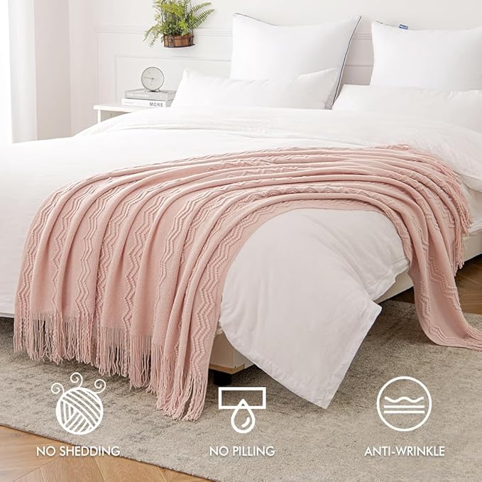 MIULEE Light Pink Knitted Throw Blanket for Couch Bed, Boho Textured Cozy Woven Decorative Farmhouse Blanket with Tassels for Sofa Chair Living Room 50"x60"-Ruum Studio Home