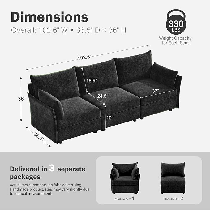 102.6" Modular Sectional Sofa, Oversized 3-Seater Couch with Removable Black Chenille Fabric Cover, Deep Seat & High Backrest for Living Room, Office & Apartment-Ruum Studio Home