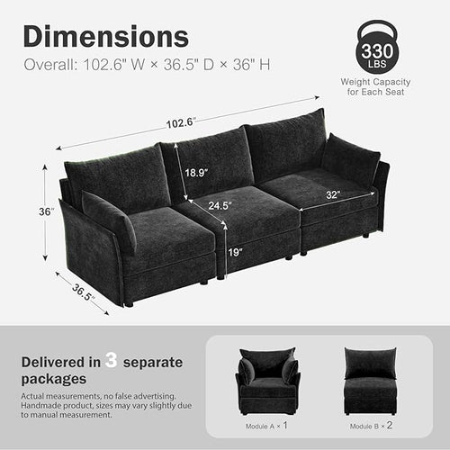 102.6" Modular Sectional Sofa, Oversized 3-Seater Couch with Removable Black Chenille Fabric Cover, Deep Seat & High Backrest for Living Room, Office & Apartment-Ruum Studio Home