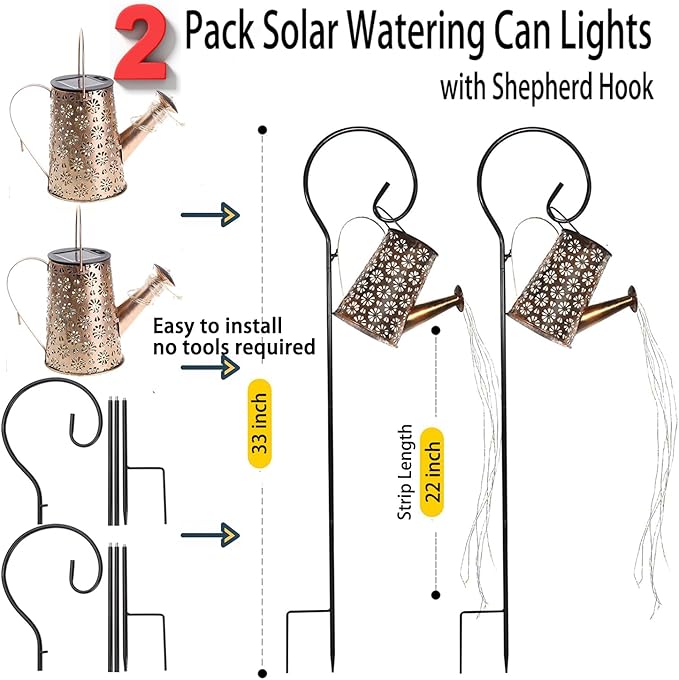 2 Pack Solar Watering Can Lights with Shepherd Hook, 8 Multi-Color Changing Modes, IP65 Waterproof, 60pcs String Lights for Outdoor Garden Pathway Lawn Patio Deck Walkway Courtyard-Ruum Studio Home