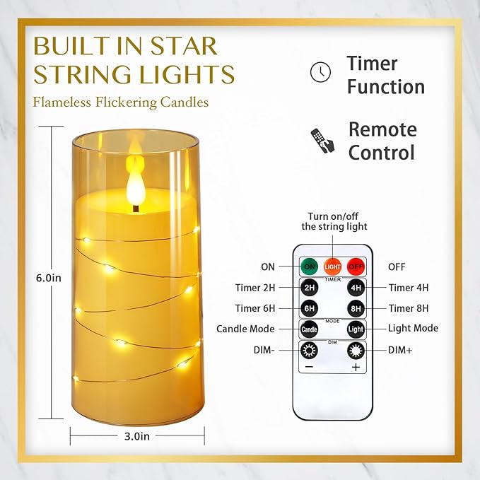 NURADA 3"x6"Flickering Flameless Candles: Built-in Star String Lights Acrylic Battery Operated LED Pillar Candles with Remote and Timer for Romantic Mood Home Decoration - 2 Pack Gold-Ruum Studio Home
