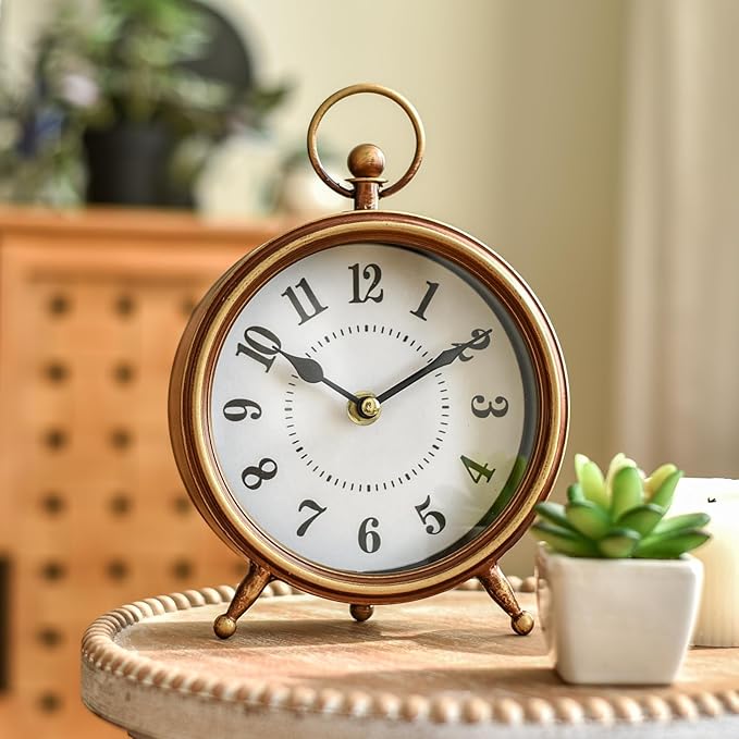 Small Gold Table and Shelf Desk Clock,Vintage Small Table Clock on Stand, Decorative Desk and Shelf Clock Farmhouse Mantel Non-Ticking Clock Rustic Metal Frame with Antique Gold Finish-Ruum Studio Home