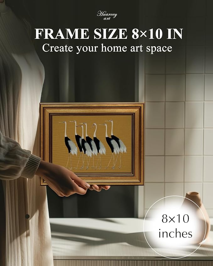 HUARCEY Gold Framed Vintage Wall Art for Living Room, Animals Painting Prints Shelf Decor for Kitchen, Aesthetic Bedroom Wall Art Decor, Christmas Gifts for Friends or Family (Seven Cranes - 8"x10")-Ruum Studio Home