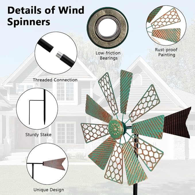 Viveta Wind Spinners Outdoor,13”Kinetic Wind Spinner Metal Vintage Windmill for Outdoor Garden Patio Yard Decor,Green-Ruum Studio Home